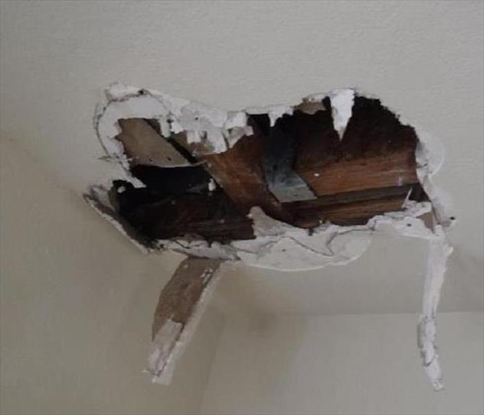 water damage hole in ceiling showing timbers